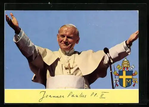 AK Papst Johannes Paul II. mit ausgebreiteten Armen, Wappen