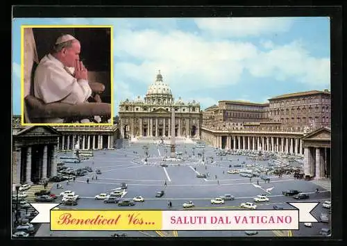 AK Vatikan, Petersdom mit Vorplatz, Portrait Papst Johannes Paul II.