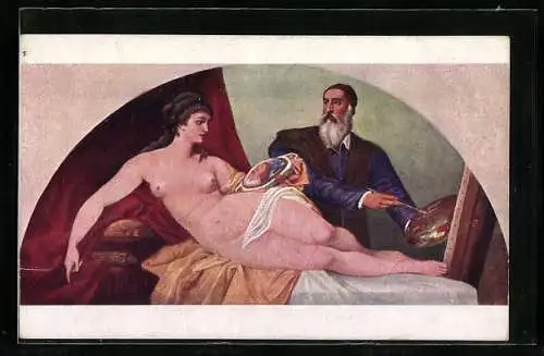 Künstler-AK Tizian, Nackte Frau liegt auf einem Bett, neben ihr sitzender Maler zeichnet sie