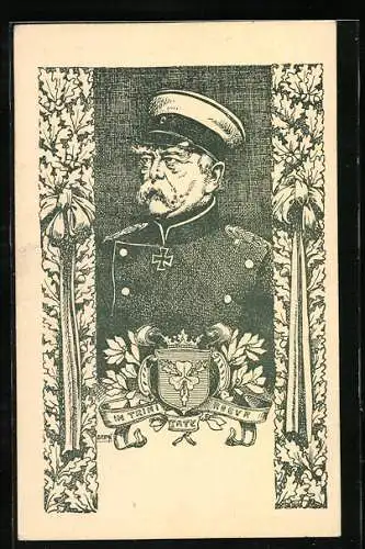 Künstler-AK Fürst von Bismarck in Uniform mit Schirmmütze, Wappen