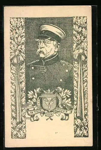 Künstler-AK Fürst von Bismarck in Uniform mit Schirmmütze, Wappen