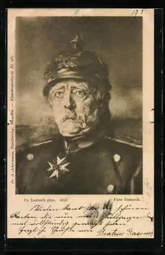 Künstler-AK sign. F. von Lenbach: Fürst Bismarck mit Pickelhaube in Uniform