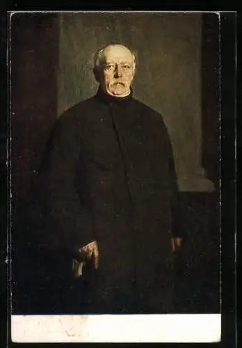 AK Otto von Bismarck im schwarzen Mantel mit Gehstock und ernstem Blick, gemalt von F. v. Lenbach