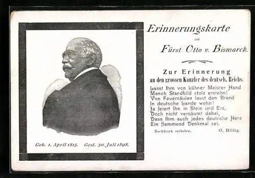 AK Fürst Otto von Bismarck im seitlichen Portrait, Erinnerungskarte mit Gedicht
