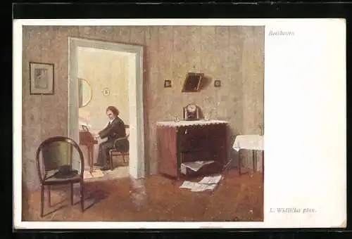 AK Mozart beim Komponieren am Klavier