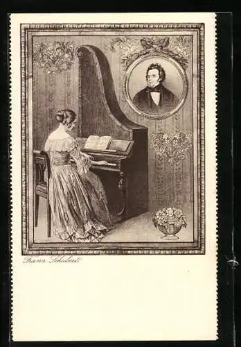 AK Franz Schubert, Portrait und Klavierspielerin