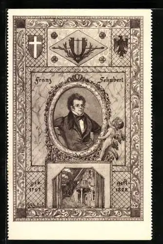 Künstler-AK Komponist Franz Schubert im Portrait, Lyra, Wappen, Geburtshaus