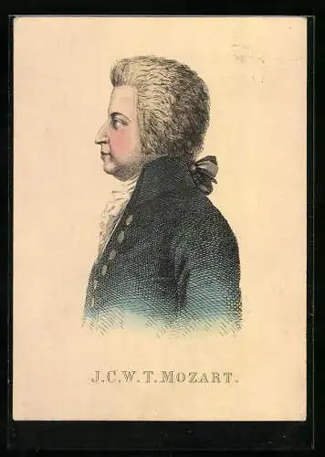 Künstler-AK Seitliche Darstellung von Mozart mit Rüschenkragen und blauem Jackett