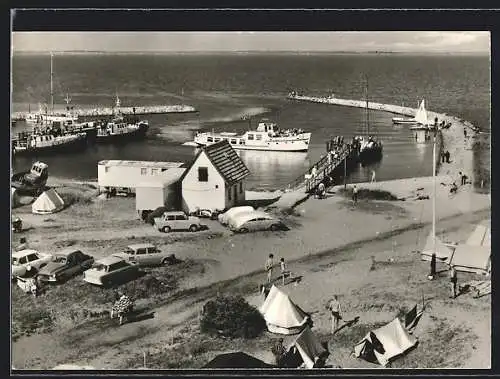 AK Timmendorf /Poel, Hafen aus der Vogelschau mit Dampfern, Zeltplatz