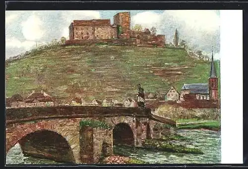 Künstler-AK Gamburg a. d. T., Panorama mit Brücke und Burg