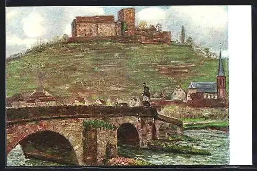 Künstler-AK Gamburg a. d. T., Ortspanorama mit Brücke und Burg