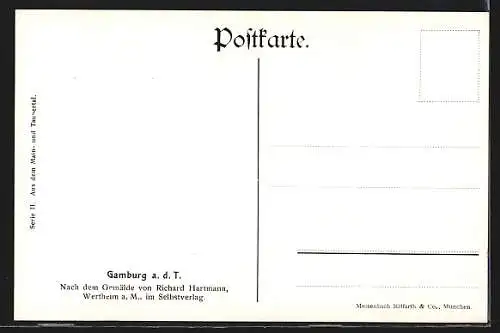 Künstler-AK Gamburg a. d. T., Ortspanorama mit Brücke und Burg