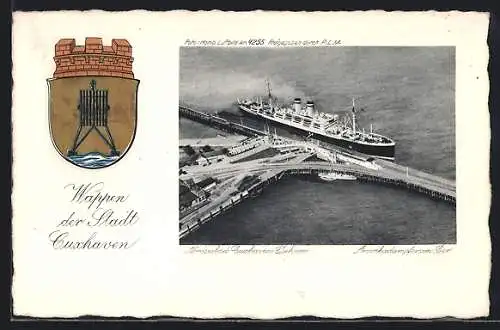 AK Cuxhaven-Duhnen, Nordseebad, Amerikadampfer am Pier, Wappen