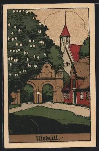 Steindruck-AK Niebüll, Tor mit Kirche und blühendem Kastanienbaum