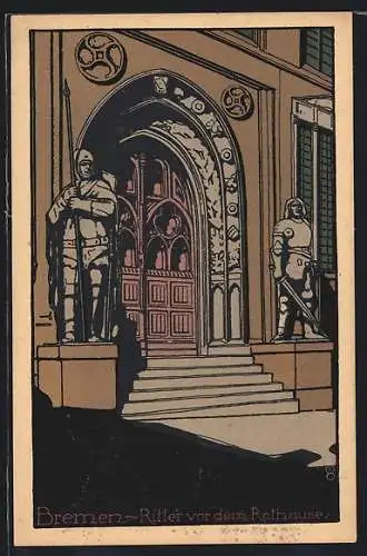 Steindruck-AK Bremen, Ritter vor dem Rathause