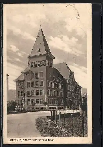 AK Lörrach, Städtische Realschule von der Strasse gesehen