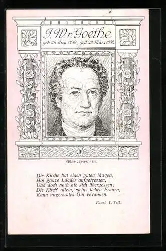 Künstler-AK Portrait J. W. v. Goethe, Zitat aus Faust 1. Teil