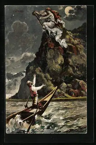 AK Loreley und im Boot stehender Fischer