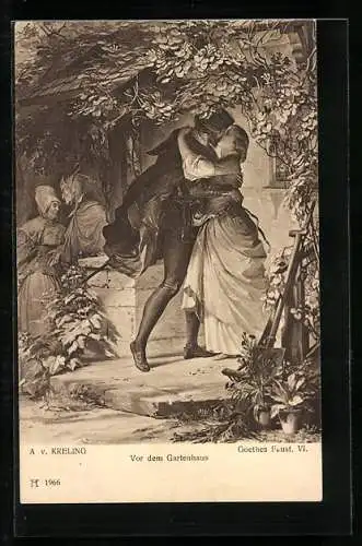 Künstler-AK Goethes Faust, Vor dem Gartenhaus, Faust küsst Gretchen
