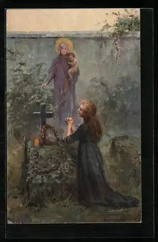 Künstler-AK Junge Frau betet am Elterngrab