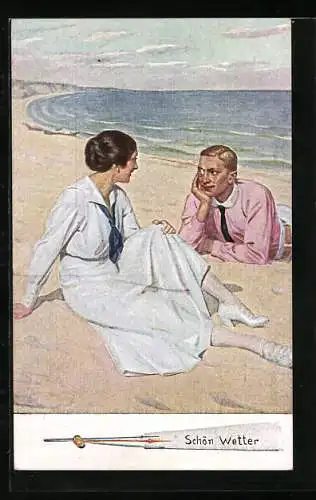 AK Paar am Strand, Barometer zeigt Schön Wetter