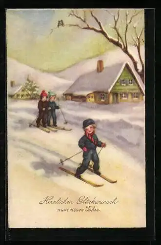 Künstler-AK Hannes Petersen: Skiläufer vor Almhütte, Zum Neuen Jahre alles Gute