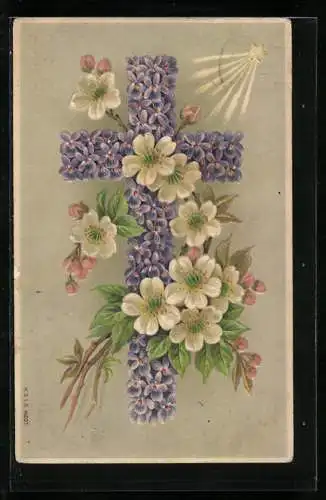 Präge-AK Blumenbild eines Kreuzes aus Veilchen