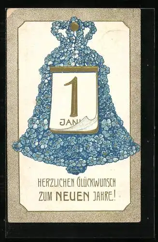 Präge-AK Blumenbild einer Glocke aus Vergissmeinnicht zu Neujahr