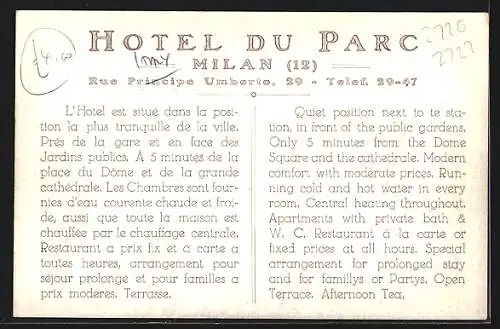 AK Milan, Hotel du Parc, Rue Principe Umberto 29