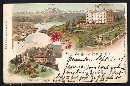 Lithographie Brunate, Hotel Brunate, M. Rosa, Chalet Restt. Spaini