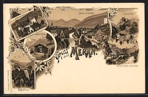 Lithographie Meran, Ortsansicht von der Zenoburg, Schloss Forst, Tappeiner Weg