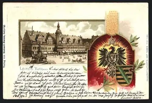 Passepartout-Lithographie Leipzig, Rathaus und Ortswappen