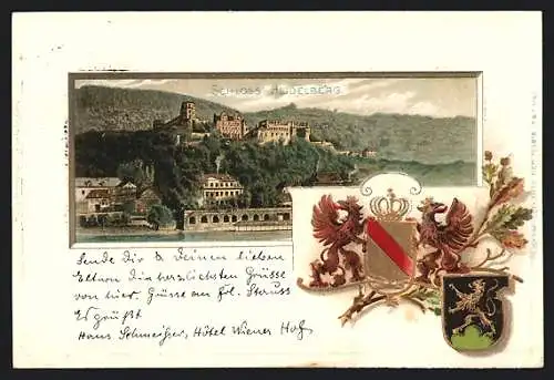 Passepartout-Lithographie Heidelberg, Blick auf das Schloss, Wappen