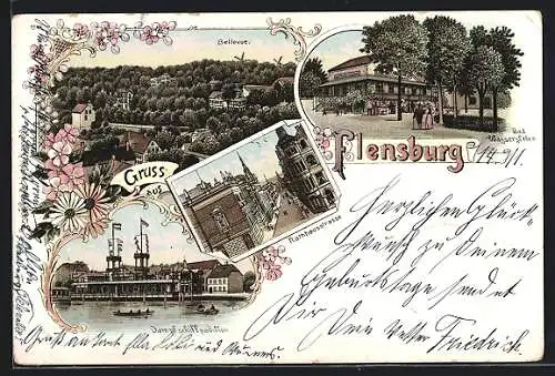 Lithographie Flensburg, Bellevue, Dampfschiffpavillon, Bad Wassersleben, Rathausstrasse um 1900