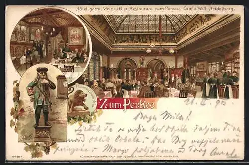 Künstler-Lithographie H. Hoffmann: Heidelberg, Restaurant zum Perkeo, Münchner Löwen-Bräu