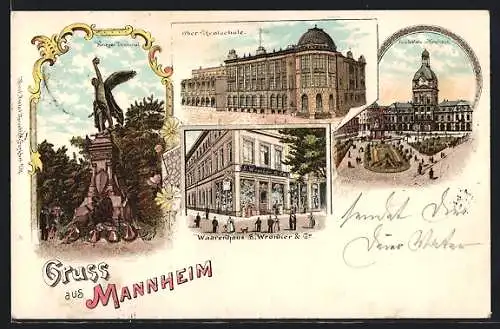 Lithographie Mannheim, Oberrealschule, Kriegerdenkmal, Waarenhaus S. Wronker & Co