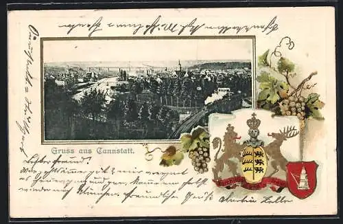 Passepartout-Lithographie Cannstatt, Ortsansicht aus der Vogelschau, Stadtwappen