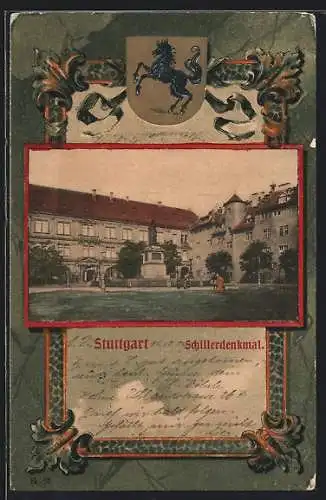 Passepartout-Lithographie Stuttgart, Am Schillerdenkmal, Stadtwappen