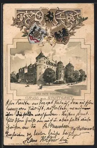 Passepartout-Lithographie Stuttgart, Altes Schloss, Stadtwappen