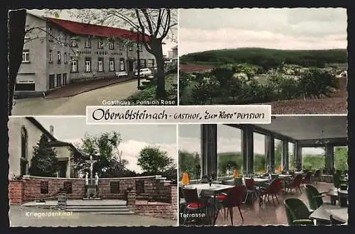 AK Oberabtsteinach, Gasthaus - Pension Zur Rose, Kriegerdenkmal, Terrasse