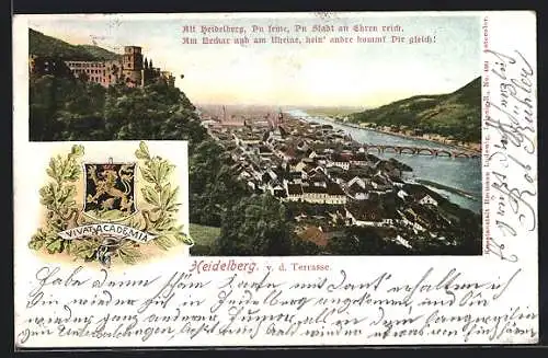 AK Heidelberg / Neckar, Blick v. der Schlossterrasse auf den Ort, Wappen