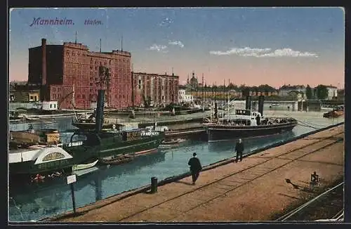 AK Mannheim, Hafen, Raddampfer Mannheim liegt vor Anker