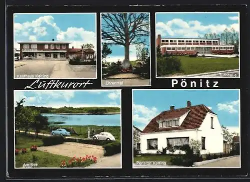 AK Pönitz / Scharbeutz, Kaufhaus & Pension Kelting, Turnhalle, Ehrenmal