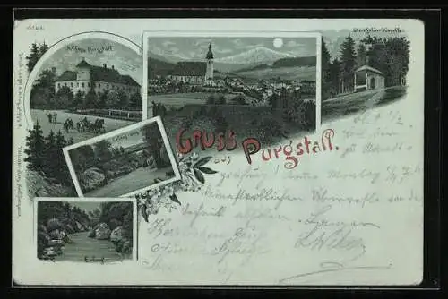 Mondschein-Lithographie Purgstall, Schloss, Steinfelder Kapelle, Erlauf-Steg