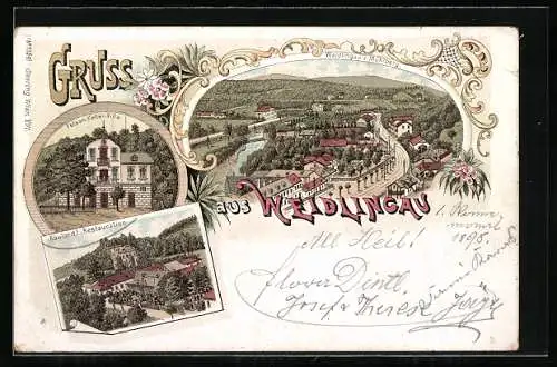 Lithographie Weidlingau, Roulands Restaurant, Felsen-Keller-Villa, Ortsansicht v. Mühlberg aus