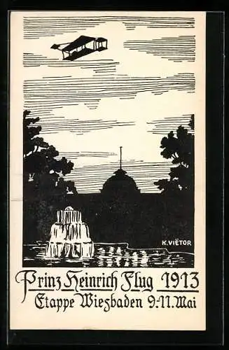 Künstler-AK Wiesbaden, Prinz Heinrich Flug 1913, Etappe Wiesbaden 9.-11. Mai