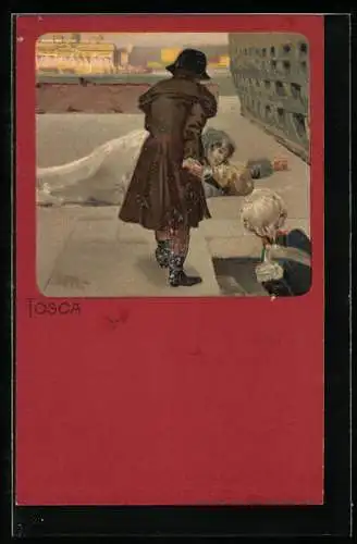 Künstler-AK Leopoldo Metlicovitz: Oper Tosca, Szene Frau trauert um einen Mann