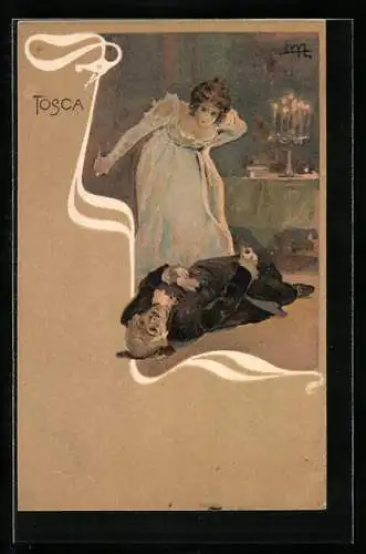 Künstler-AK Leopoldo Metlicovitz: Szene aus der Oper Tosca, Dame beugt sich über einen Toten