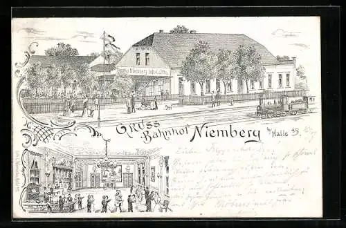 Lithographie Niemberg b. Halle, Gasthaus von G. Otto, Bahnhof von der Gleisseite