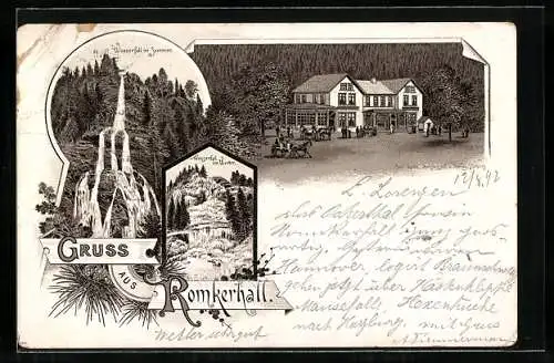 Vorläufer-Lithographie Oker, 1892, Gasthaus Romkerhall, Wasserfall im Sommer u. Winter